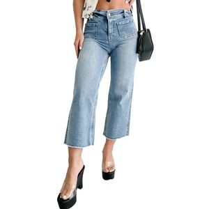 Mica Crop Jeans Womens 14W Blue Denim Medium Wash High Waisted Wide Leg Raw Hem